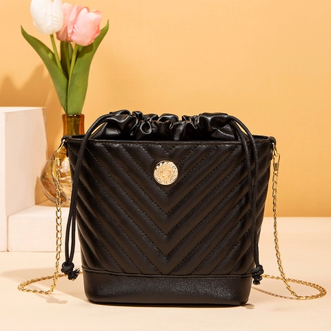 Women's Fashion Quilted Chevron PU Leather Bucket Bag With Gold Chain Shoulder Strap Drawstring Daily Crossbody Handbag