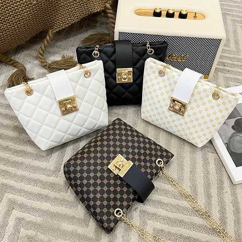 Dames Crossbodytas PU Leer Ruitpatroon Monogram Print Ketting Draaisluiting Vintage Trendy Schoudertas Emmertas