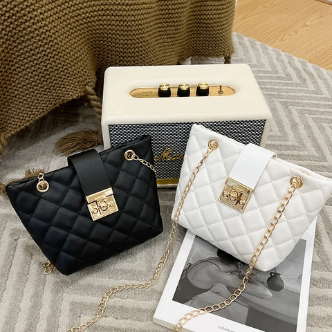 Dames Crossbodytas PU Leer Ruitpatroon Monogram Print Ketting Draaisluiting Vintage Trendy Schoudertas Emmertas
