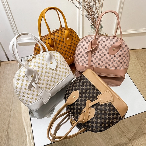 Vintage Monogram Schelp Handtas PU Leer Contrast Splicing Kleine Schoudertas Met Metalen Ketting Voor Dames