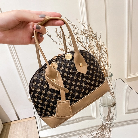 Vintage Monogram Schelp Handtas PU Leer Contrast Splicing Kleine Schoudertas Met Metalen Ketting Voor Dames