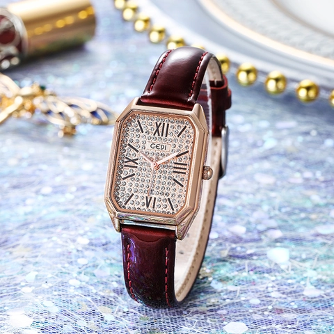 Women's Quartz Watch Luxury Full Rhinestone Dial Rectangular Case Leather Strap Waterproof Date Display Elegant Fashion Ladies