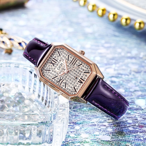 Women's Quartz Watch Luxury Full Rhinestone Dial Rectangular Case Leather Strap Waterproof Date Display Elegant Fashion Ladies