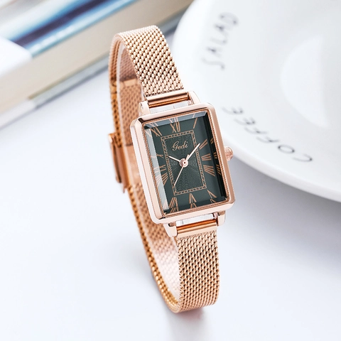 Orologio Al Quarzo Retrò Rettangolare Da Donna Cinturino In Maglia Acciaio Inossidabile Impermeabile Numeri Romani Elegante