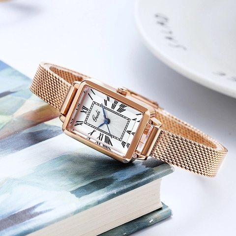 Orologio Al Quarzo Retrò Rettangolare Da Donna Cinturino In Maglia Acciaio Inossidabile Impermeabile Numeri Romani Elegante