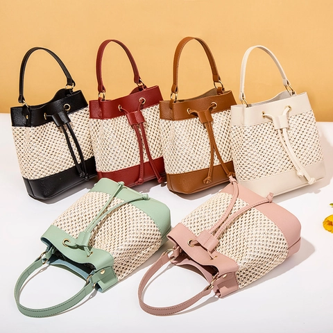 Woven Bucket Bag PU Leather Patchwork Drawstring Summer Beach Style Crossbody Shoulder Handbag For Women Casual Small