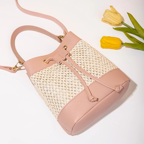 Woven Bucket Bag PU Leather Patchwork Drawstring Summer Beach Style Crossbody Shoulder Handbag For Women Casual Small