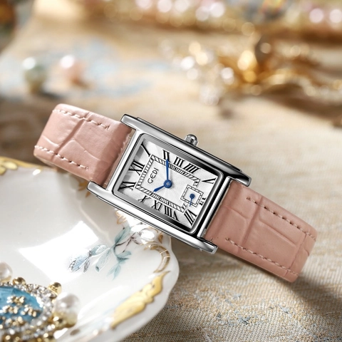 Retro Rectangular Women Quartz Watch Faux Leather Strap Roman Numerals Blue Hands Elegant Vintage Waterproof Ladies Wristwatch