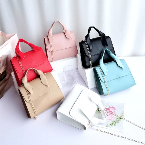 Women Mini Handbag PU Leather Knotted Handle Gold Chain Strap Crossbody Shoulder Bag Flap Square Fashion