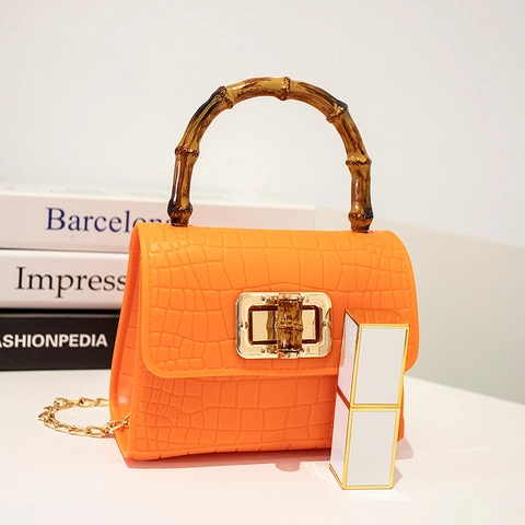 Dames Mini Schoudertas Met Krokodillenpatroon Bamboe Handvat En Gouden Ketting Jelly PVC Crossbody Handtas