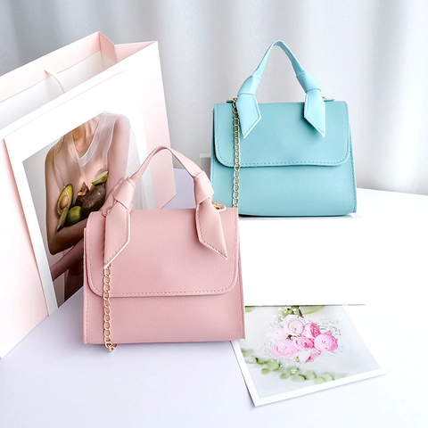 Women Mini Handbag PU Leather Knotted Handle Gold Chain Strap Crossbody Shoulder Bag Flap Square Fashion