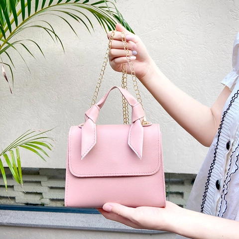 Fashion Women PU Leather Small Square Bag Knot Handle Design Gold Chain Strap Crossbody Handbag For Daily Party Use