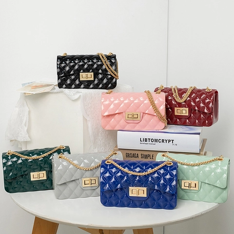 Quilted Jelly Crossbody Bag For Women PVC Rhombic Chain Shoulder Mini Square Handbag With Metal Lock Buckle