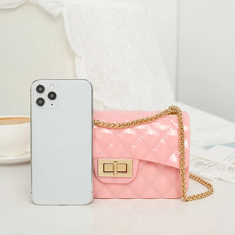 Quilted Jelly Crossbody Bag For Women PVC Rhombic Chain Shoulder Mini Square Handbag With Metal Lock Buckle