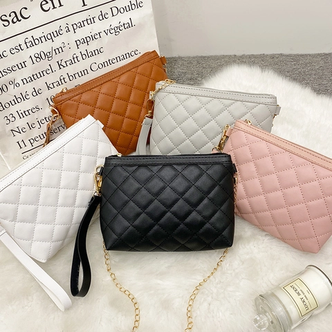 Quilted Diamond Lattice Crossbody Bag Women PU Leather Gold Chain Small Square Shoulder Handbag With Detachable Wristlet