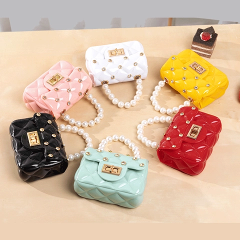 Mini Bolso Bandolera De PVC Gelatina Patrón Diamante Acolchado Estrás Perla Artificial Cadena Elegante Bolso Fiesta Mujer