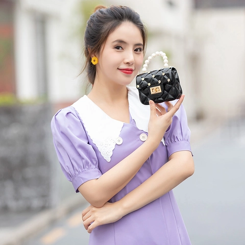 Mini Bolso Bandolera De PVC Gelatina Patrón Diamante Acolchado Estrás Perla Artificial Cadena Elegante Bolso Fiesta Mujer
