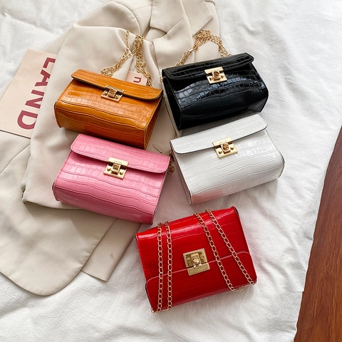 Women Croc Embossed Crossbody Bag PU Leather Vintage Square Shoulder Purse With Gold Chain And Metal Clasp Lock Chic