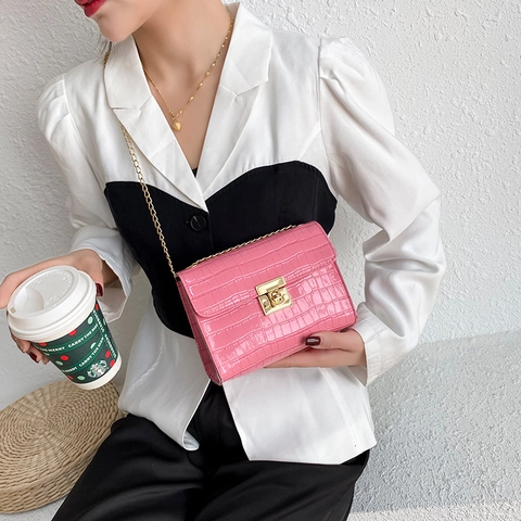 Women Croc Embossed Crossbody Bag PU Leather Vintage Square Shoulder Purse With Gold Chain And Metal Clasp Lock Chic