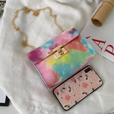 Fashion Women Crossbody Bag PU Leather Small Square Bag Tie Dye Snake Skin Pattern Gold Chain Strap Lock Buckle
