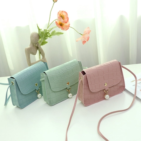 Mini Borsa A Spalla Da Donna Motivo Coccodrillo Pelle PU Borsa A Tracolla Quadrata Con Pendente Perla Artificial Fibbia Dorata
