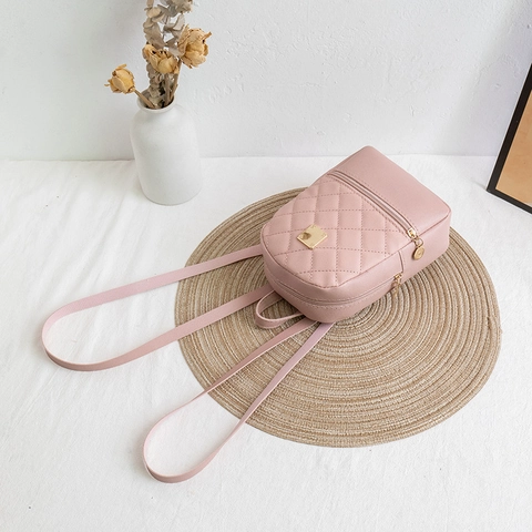 Women Mini Backpack PU Leather Quilted Rhombus Pattern Casual Small Travel Rucksack Daypack Fashion Gold Hardware