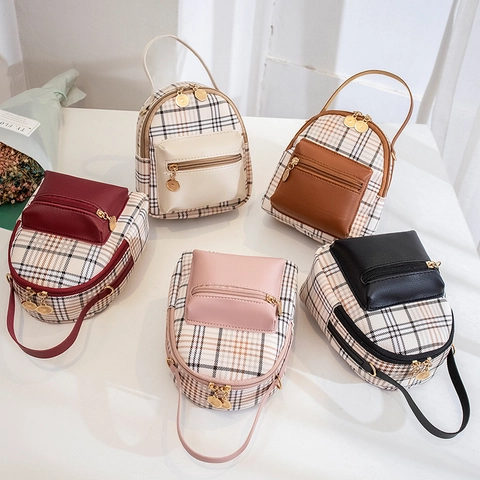 Mini Mochila de Cuadros para Mujer Color Contraste Bolso Bandolera de Cuero PU Bolso de Hombro Pequeño Casual Viaje Moda Bolso de Mano