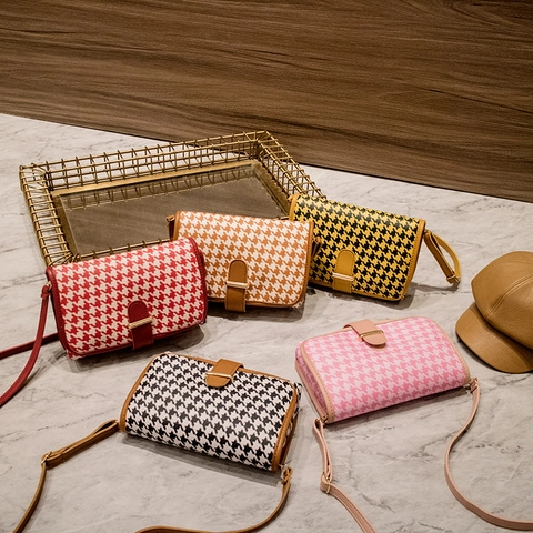 Houndstooth Small Square Crossbody Bag Women Retro PU Leather Shoulder Bag Contrast Color Vintage Style Casual Messenger