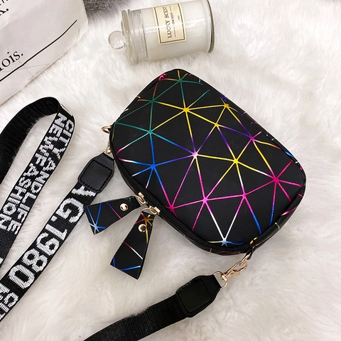 Women Shoulder Bag PU Leather Geometric Rainbow Laser Double Zipper Crossbody Small Square Bag Wide Letter Strap Casual