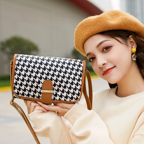 Houndstooth Small Square Crossbody Bag Women Retro PU Leather Shoulder Bag Contrast Color Vintage Style Casual Messenger