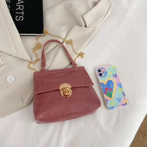 Women Mini Handbag Crocodile Pattern PU Leather Gold Chain Crossbody Bag Metal Lock Elegant Evening Party Purse