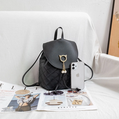 Mini Sac À Dos Femme Matelassé Cuir PU Fermoir Oreille De Chat Künstliche Perle Gland Style Coréen Mode Décontracté