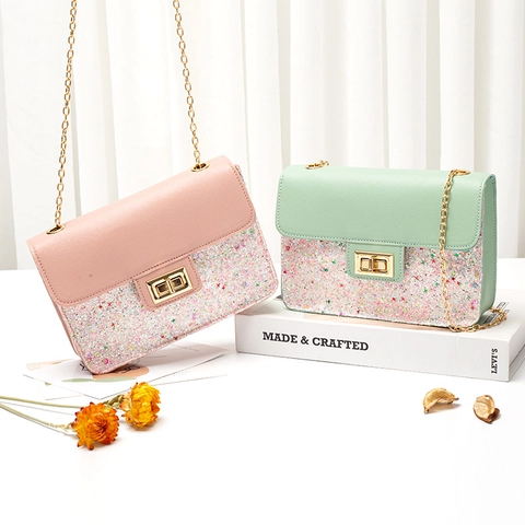 Women Crossbody Bag Sequin Glitter PU Leather Small Square Shoulder Purse With Golden Chain Strap And Twist Lock Fashion