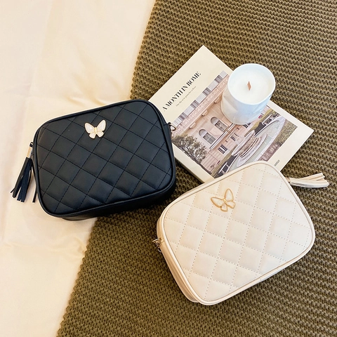 Women Quilted Crossbody Bag Butterfly Decoration PU Leather Small Square Camera Bag With Chain Strap And Tassel