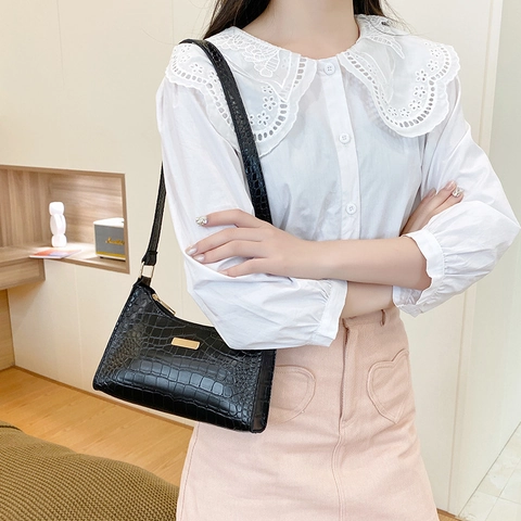 Borsa Sottobraccio in Pelle PU con Motivo Coccodrillo Retrò da Donna Moda Borsa a Tracolla con Decoro in Metallo Oro