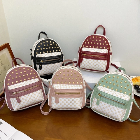 Mini Mochila De Moda Para Mujer Cuero De PU Remaches Dorados Color En Contraste Estampado De Monograma Retro