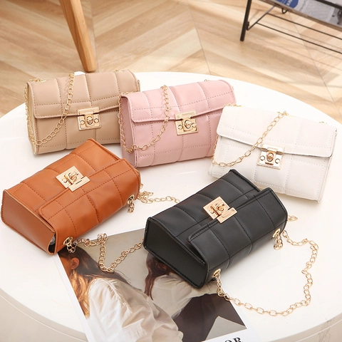 Quilted PU Leather Crossbody Bag Gold Chain Strap Square Metal Lock Small Square Fashion Bag For Women
