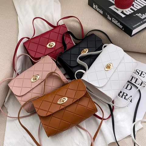 Women's Quilted Small Crossbody Bag PU Leather Elegant Square Shoulder Handbag With Metal Turn Lock Vintage Style
