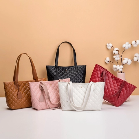Quilted Tote Bag Rhombic Pattern PU Leather Large Capacity Shoulder Handbag For Women Elegant Casual Daily Commuting