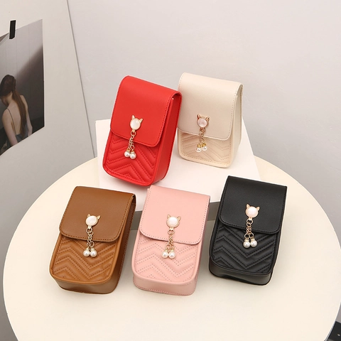 Mini Crossbody Phone Bag PU Leather V-Quilted Cat Charm Artificial Pearl Tassel Elegant Small Shoulder Pouch For Women