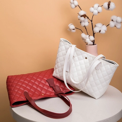 Quilted Tote Bag Rhombic Pattern PU Leather Large Capacity Shoulder Handbag For Women Elegant Casual Daily Commuting