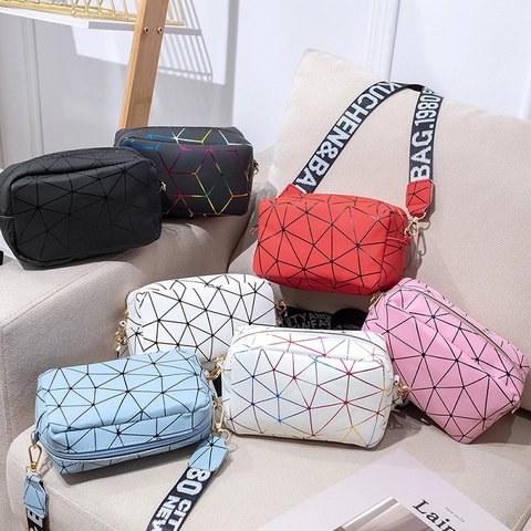 Geometric Triangle Crossbody Bag PU Leather Holographic Laser Shoulder Bag Wide Printed Strap Small Square Fashion Women