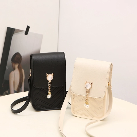 Mini Crossbody Phone Bag PU Leather V-Quilted Cat Charm Artificial Pearl Tassel Elegant Small Shoulder Pouch For Women