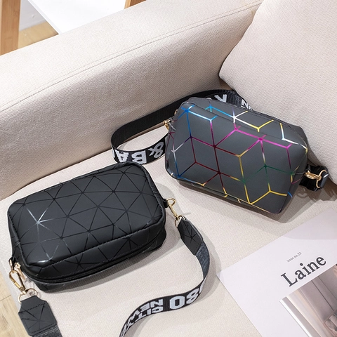 Geometric Triangle Crossbody Bag PU Leather Holographic Laser Shoulder Bag Wide Printed Strap Small Square Fashion Women