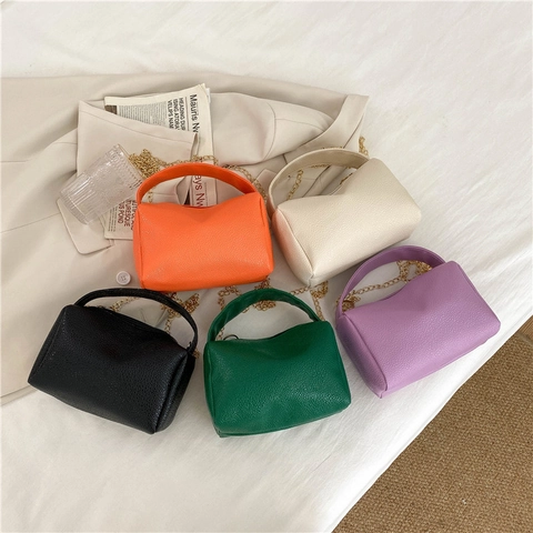 Trendy Lychee Pattern PU Leather Pillow Handbag For Women With Gold Chain Strap Elegant Boston Bag Chic Design