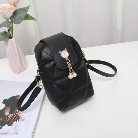 Quilted PU Leather Mini Crossbody Cell Phone Bag With Cat Head Artificial Pearl Tassel Charm Fashion Shoulder Bag For Women