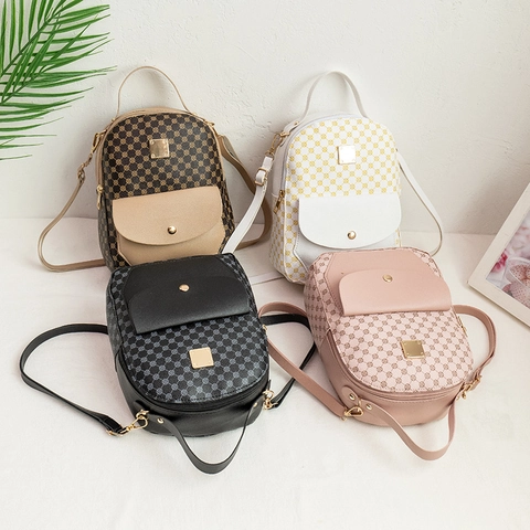 Women Mini Backpack Vintage PU Leather Monogram Print Contrast Color Multi-Way Small Shoulder Crossbody Bag Trendy