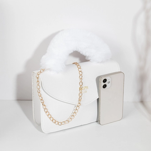 Women Crossbody Bag PU Leather With Faux Fur Handle Gold Chain Strap Small Square Handbag Autumn Winter Fashion