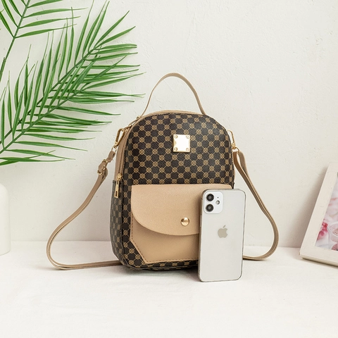 Women Mini Backpack Vintage PU Leather Monogram Print Contrast Color Multi-Way Small Shoulder Crossbody Bag Trendy