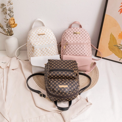 Ladies Fashion Pu Leather Mini Backpack And Matching Pouch Geometric Print Retro Floral Gold Hardware Small Daypack Bag